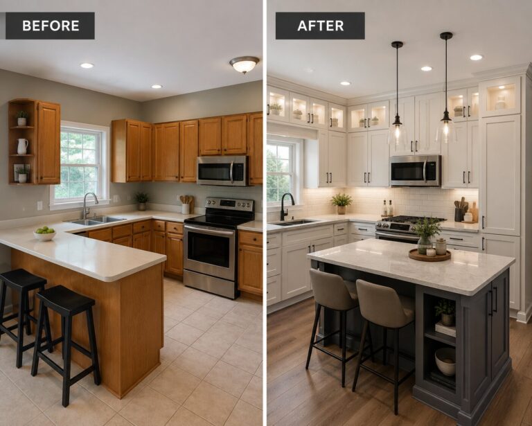 Before and after of a Naperville kitchen with oak cabinets refinished in white with a dark painted island
