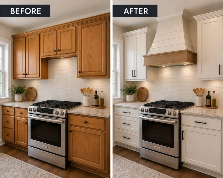 Before and after of oak cabinets around a range refinished in white with a custom painted hood