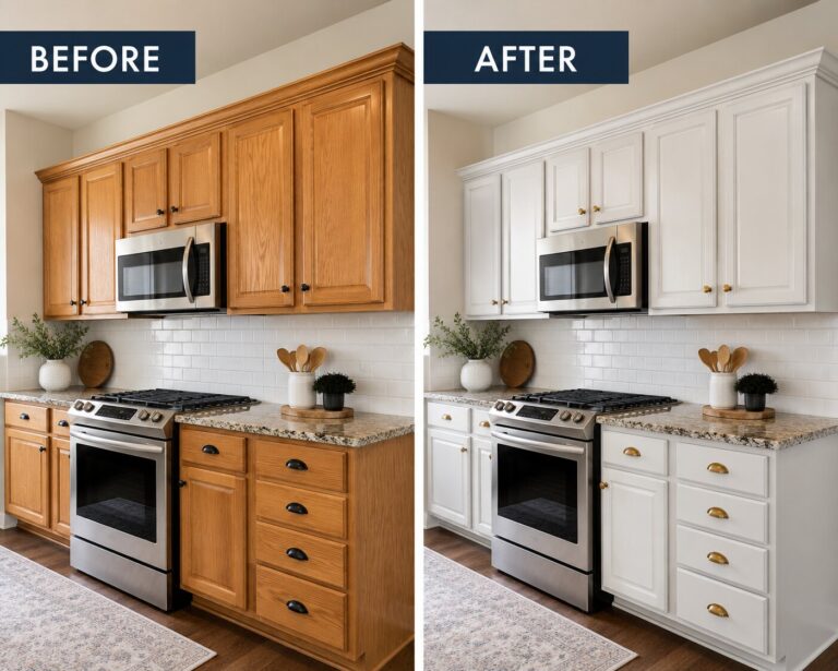 Before and after of oak kitchen cabinets in a Naperville home refinished in white with brass cup pulls