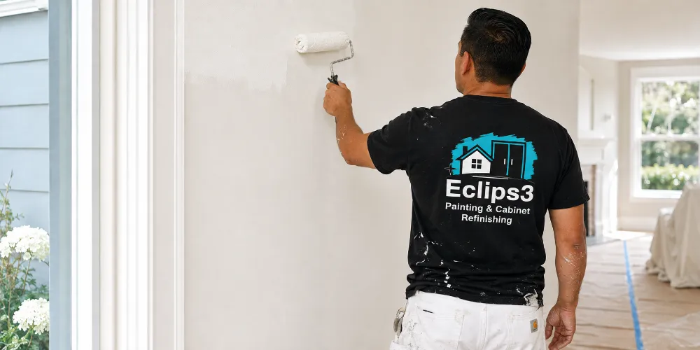 Eclips3 painter in company shirt rolling paint on a wall