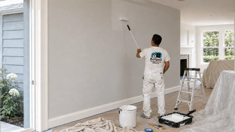 Eclips3 painter rolling a fresh coat of gray paint on an interior wall