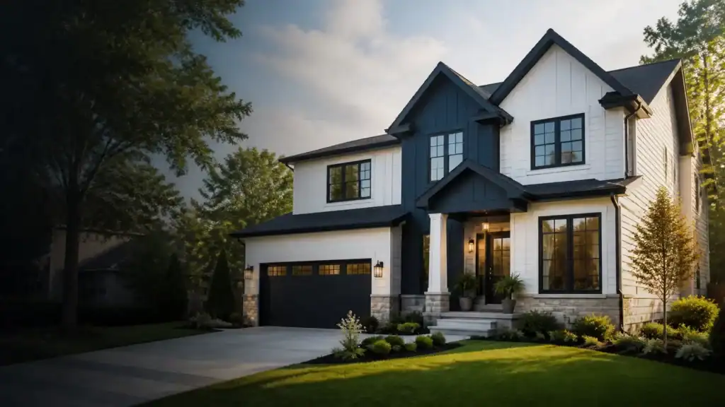 Two-story suburban home with fresh exterior paint, house painting by Eclips3 Painting & Cabinet Refinishing