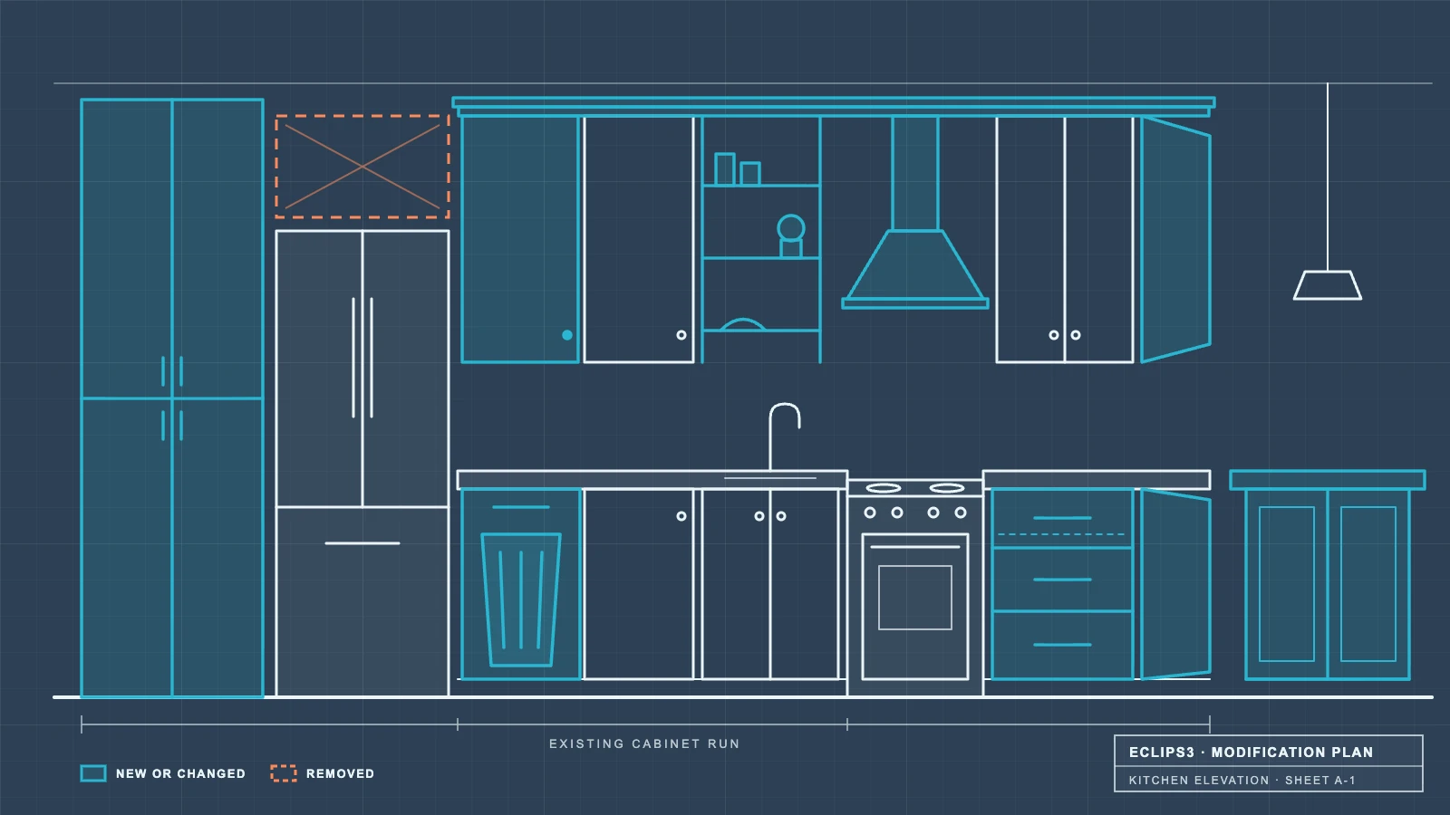 Blueprint-style kitchen drawing showing cabinet modifications: new pantry, crown molding, open shelves, range hood, trash pull-out, drawers, corner cabinets, island, and a removed cabinet over the fridge