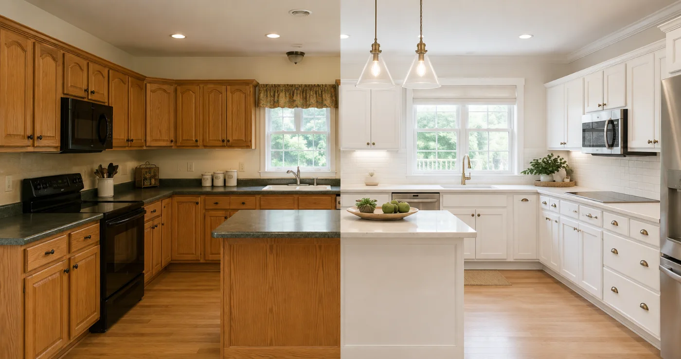 Kitchen cabinets before and after refinishing: stained oak on the left, bright white on the right