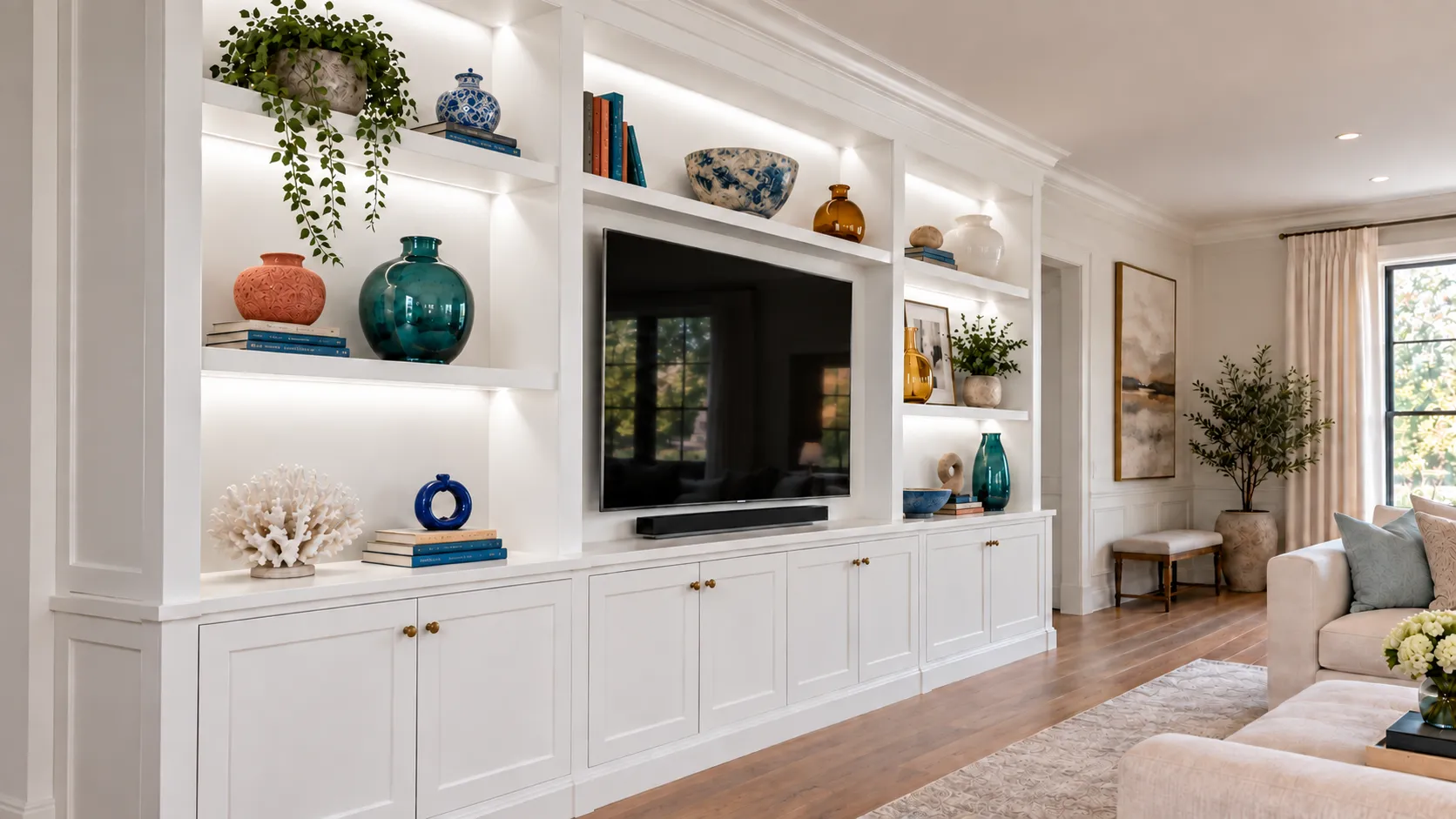 White built-in cabinets and lighted shelves around a TV