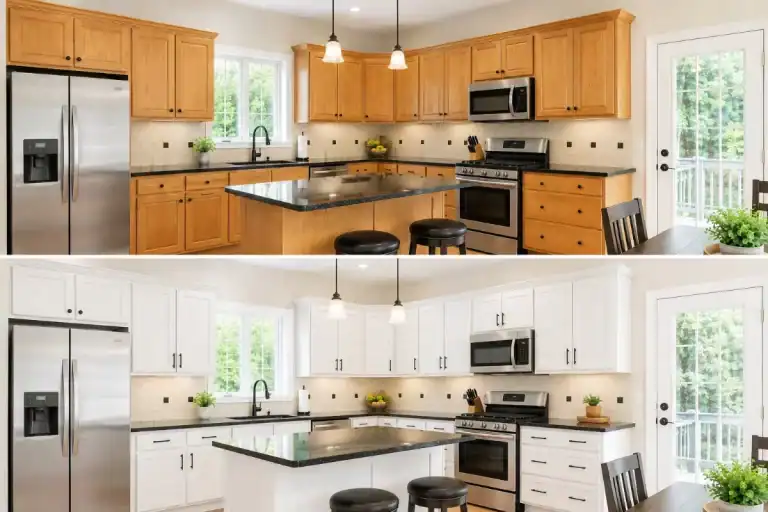 Before and after of a Naperville kitchen: oak cabinets refinished in white with a dark painted island by Eclips3 Painting & Cabinet Refinishing