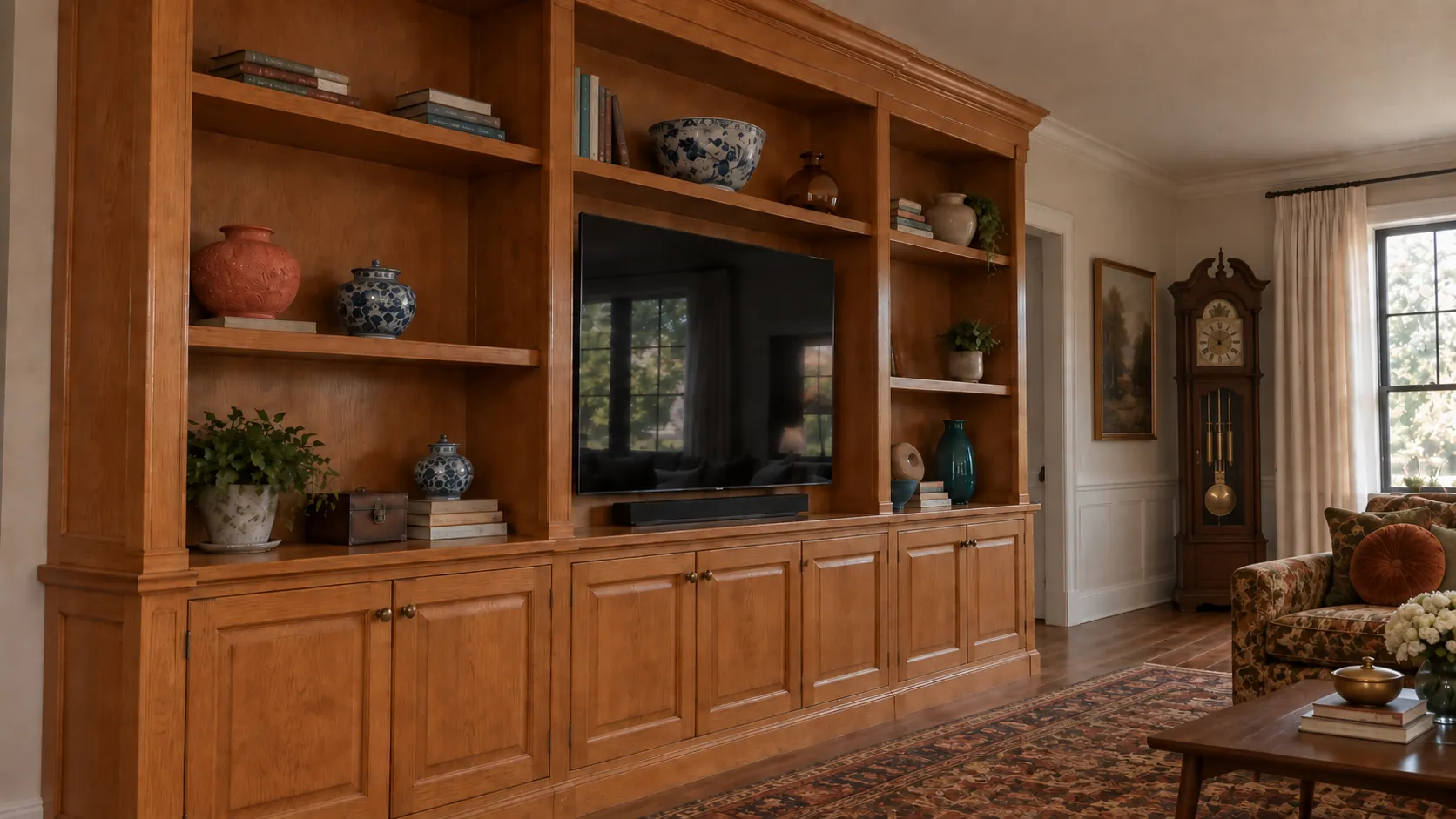 Oak built-in entertainment center with shelves, before painting